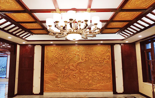 江海中式别墅客厅中式木作横梁吊顶装饰展示