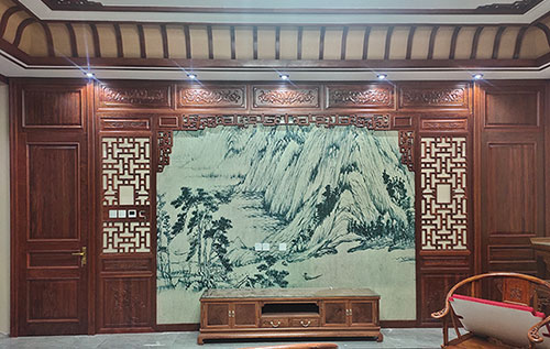 江海中式仿古别墅客厅背景墙花格木作装饰